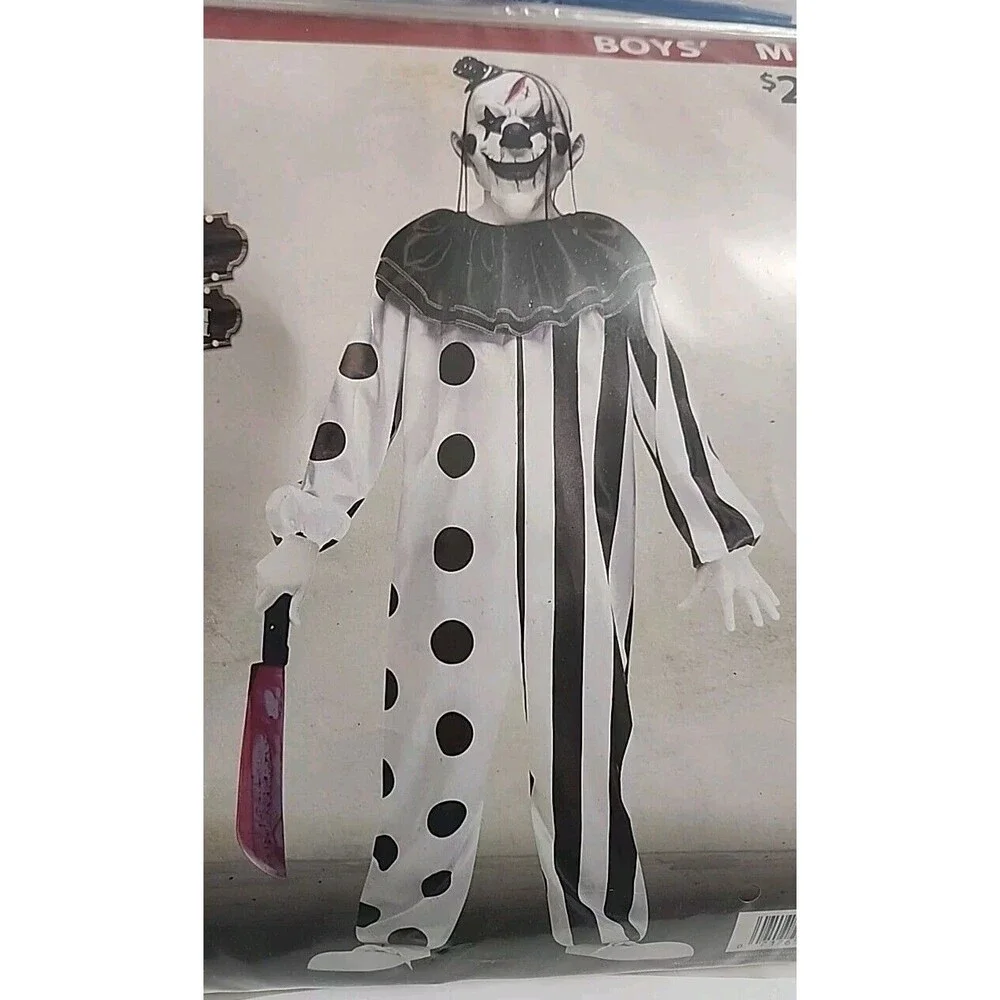 Boys/Girls' M (8) Killer Clown Halloween Costume Complete Black & White NEW!
